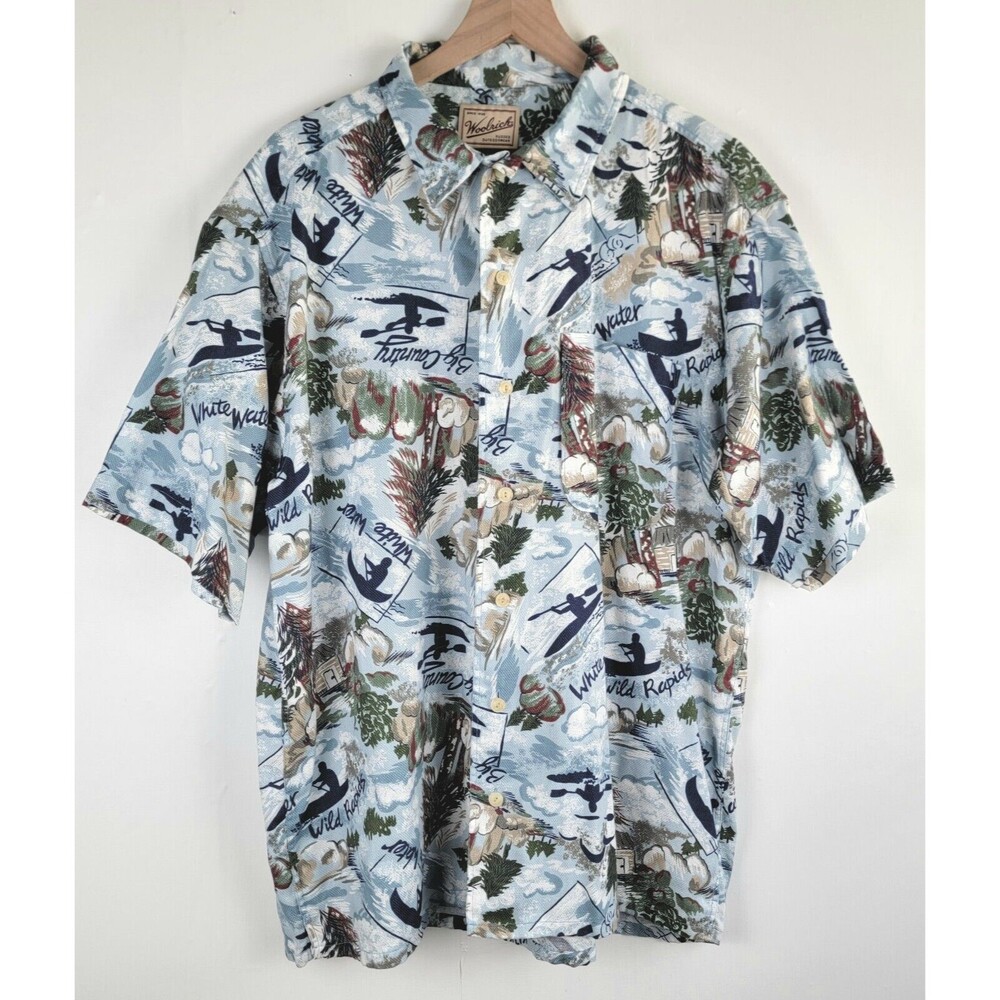 Woolrich Mens XL Rugged Outdoor Wear White Water Rafting Print Short Sleeve EUC